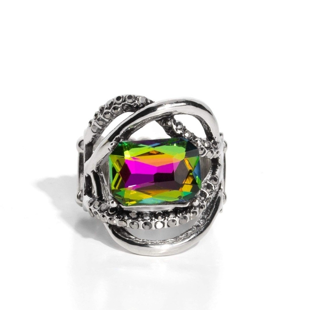 Paparazzi Silver Green Ring with Intricate Design Incandescent Introduction Mult